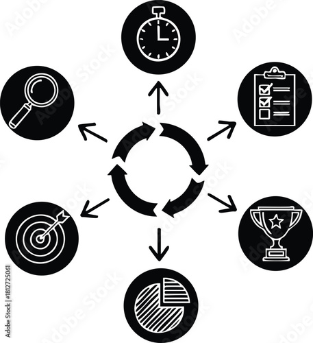 Business process management cycle with target stopwatch checklist trophy and pie chart icons vector illustration