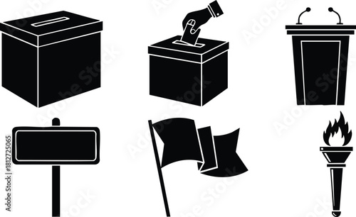 Voting ballot box hand inserting paper podium microphone street sign flag torch vector illustration