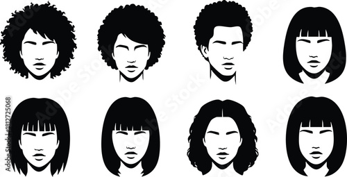 Diverse female faces with various hairstyles black silhouettes vector illustration set