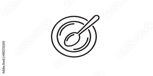 Plate with spoon inside line icon, cooking concept. Vector graphics. Food bowl sign on white background, style icon mobile or web design.
