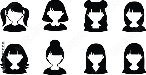 Female avatar icons collection with various hairstyles simple black silhouettes vector illustration