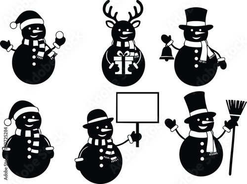 Black silhouette snowmen with hats scarf and sign vector illustration winter holiday decorations
