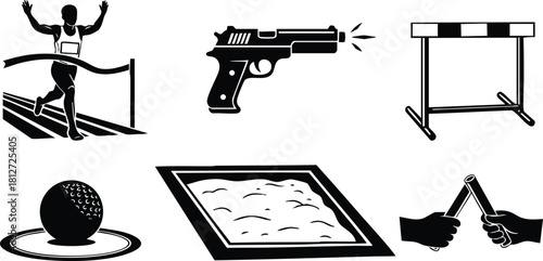 Sports competition icons running shooter hurdle golf sandpit handclap vector illustration