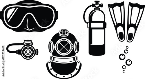 Diving equipment set with mask tank fins and vintage helmet vector illustration