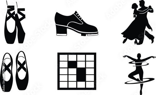 Ballet shoes ice skating shoes dance couple crossword puzzle hula hoop dancer vector icons set