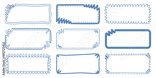 Collection of nine blue rectangular frames with varying decorative borders on a white background