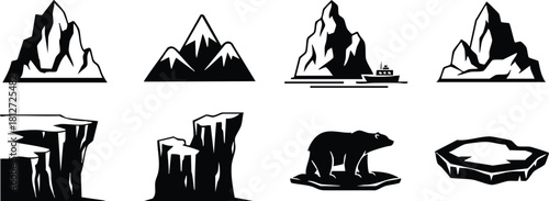 Black mountain landscape cliff polar bear ice floe vector icon pack collection set isolated on white background