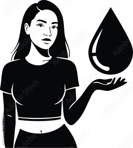 Woman holding large water drop black and white simple vector illustration