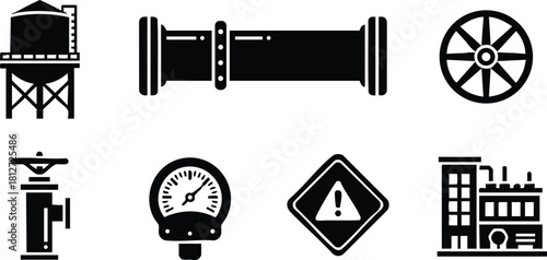 Industrial pipeline components water tank pressure gauge warning sign factory building vector illustration