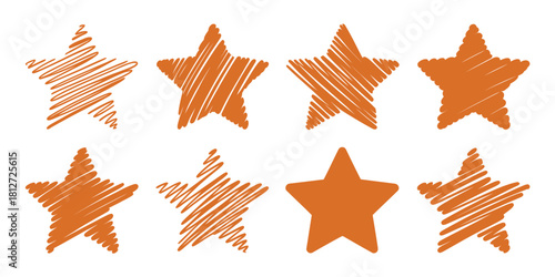 Eight orange stars in two rows with varying scribble fill on a white background illustration style