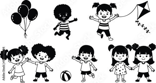 Happy playful children holding balloons flying kite and playing with ball vector illustration