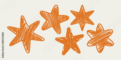 A sketch of six orange stars with varying points scattered on a cream colored background design element