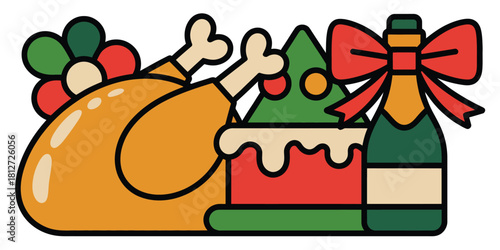 Festive cartoon illustration featuring a turkey cake and champagne bottle with a red bow design