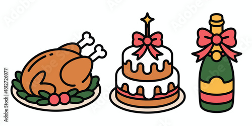 Illustration of a turkey dinner, a two tiered cake, and a bottle of champagne with bows on them
