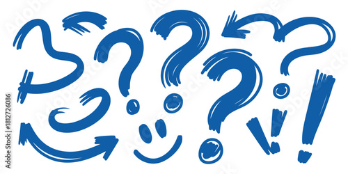 Blue question marks arrows and exclamation points with a smiley face on a white background art