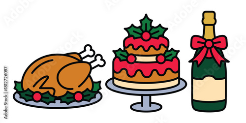 A christmas dinner scene with turkey cake and champagne in a cartoon style on a white background