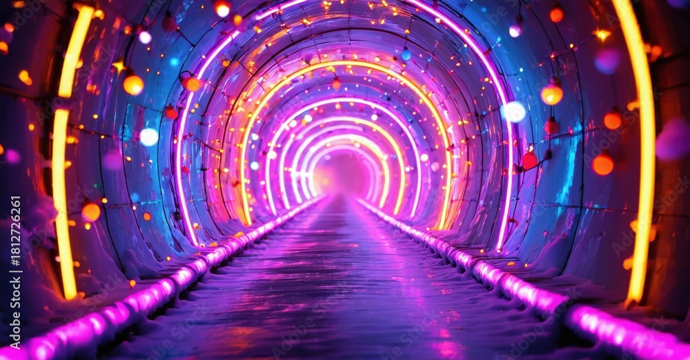Fototapeta premium Bright tunnel glows with vibrant neon lights. Circular patterns create depth, leading eyes toward distant light source. Futuristic, colorful scene.