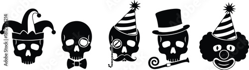 Skulls with party hats and clown and jester hats festive celebration illustration vector