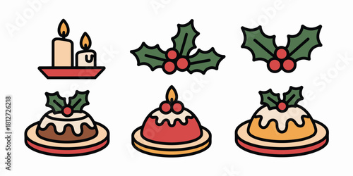 Illustration of christmas puddings with holly and candles on a white background in cartoon style