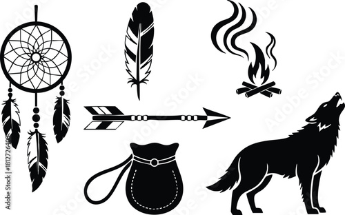 Native American symbols dreamcatcher feather arrow campfire wolf silhouette vector illustration