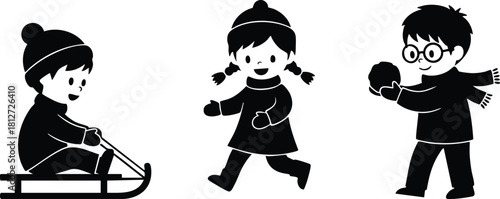 Children playing winter games with sled and snowball in cold weather outdoor scene vector illustration