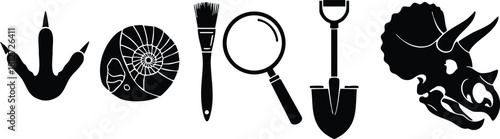 Dinosaur footprint fossil paintbrush magnifying glass shovel and triceratops skull vector illustration