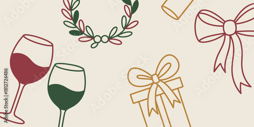 Festive holiday illustration with wine glasses wreath gift and bow on a cream colored background