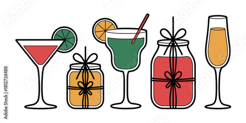 Illustration of five stylized drinks including cocktails and jar drinks with ribbons tied on them