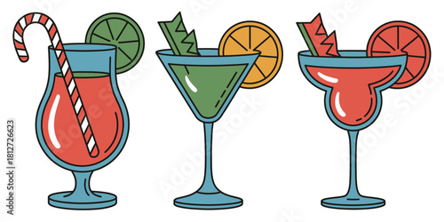 Three different cocktails in glasses with fruit slices and a candy cane on a white background