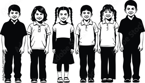 Group of six children smiling standing together black and white vector illustration