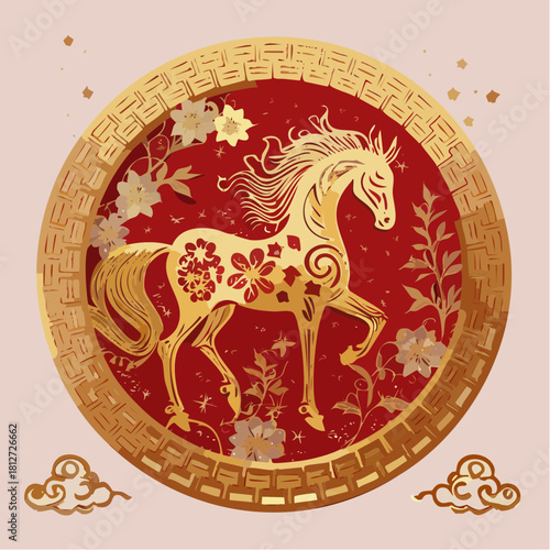 Golden floral horse zodiac inside a red medallion with ornate Chinese patterns, celebrating Chinese New Year 2026 in an elegant festive decorative style.