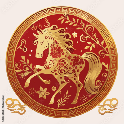 Golden floral horse zodiac inside a red medallion with ornate Chinese patterns, celebrating Chinese New Year 2026 in an elegant festive decorative style.