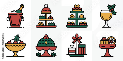Illustration of festive treats and drinks including cakes presents and champagne in bucket design