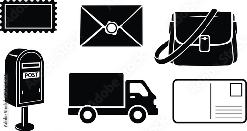 Postal mail icons vector set including mailbox envelope letter truck bag postbox delivery symbols