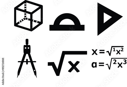 Geometry tools and mathematical root symbols vector illustration with compass protractor triangle and cube