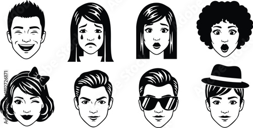 Set of diverse male and female cartoon faces with different expressions and hairstyles vector illustration