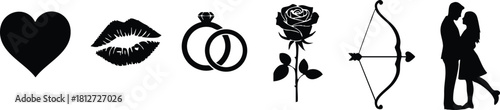 Love symbols heart lips wedding rings rose bow couple romantic vector illustration