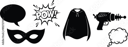 Comic style speech bubble mask cape ray gun thought cloud vector illustration