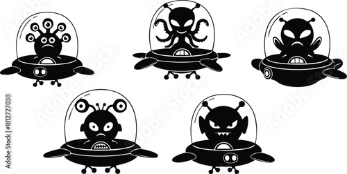 Alien invaders in flying saucers set vector illustration with five different cartoon monsters in space helmets