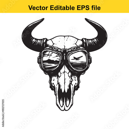 Vector bull skull with aviator goggle drawing isolated on