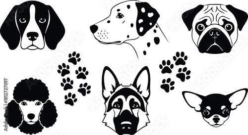 Dog faces with paw prints vector illustration in black and white simple style
