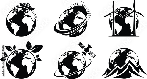 Earth icons with nature energy and technology elements vector illustration black and white design