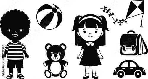 Children toys and kids playing items with boy girl teddy bear kite ball and car vector illustration