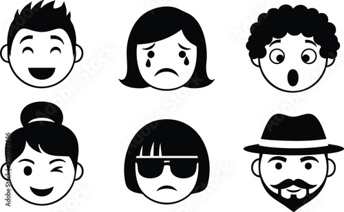 Six diverse cartoon faces with different emotions and styles vector illustration