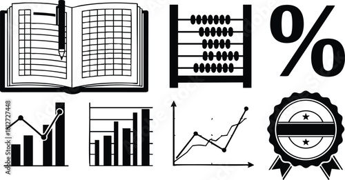 Financial icons set with open notebook abacus percent graphs and award ribbon vector illustration