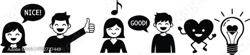 Vector happy people expressing approval with speech bubbles heart and light bulb icons simple style