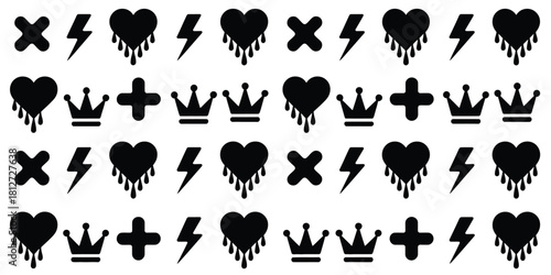 A pattern of black symbols including hearts crowns lightning crosses and plus signs on a white background