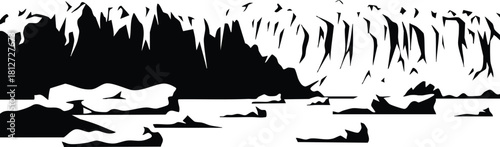 Black and white vector illustration of rocky coastline with cliffs and scattered rocks in sea water