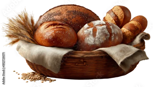 Panel kuchenny z motywem Kosz ze świeżym pieczywem i zbożami isolated on white background