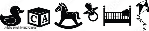 Baby toys rubber duck block rocking horse pacifier crib kite simple black icons vector illustration